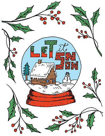 A cute doodle style invitation template for Christmas or Holiday invites with a snowglobe.