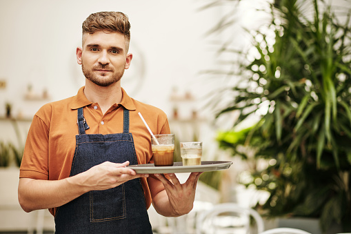 Portrait of waiter holding tray with drinks for customer