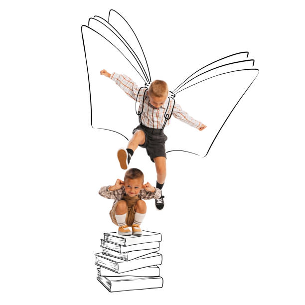 Creative design. Two boys, children, pupils with study drawing elements. Back to school . Education. Concept of childhood, dreams, creativity, fun, lifestyle, retro style. Books doodles