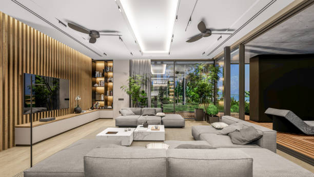 istock 3d rendering of modern cozy interior with living, dining zone, stair and kitchen 1421309530