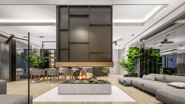 istock 3d rendering of modern cozy interior with living, dining zone, stair and kitchen 1421309540