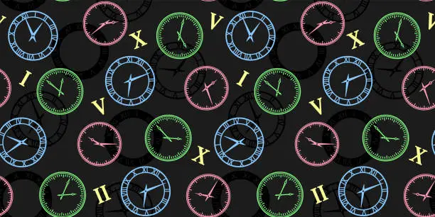 Vector illustration of Seamless pattern with colorful clocks and Roman numerals on a black background with watch dials