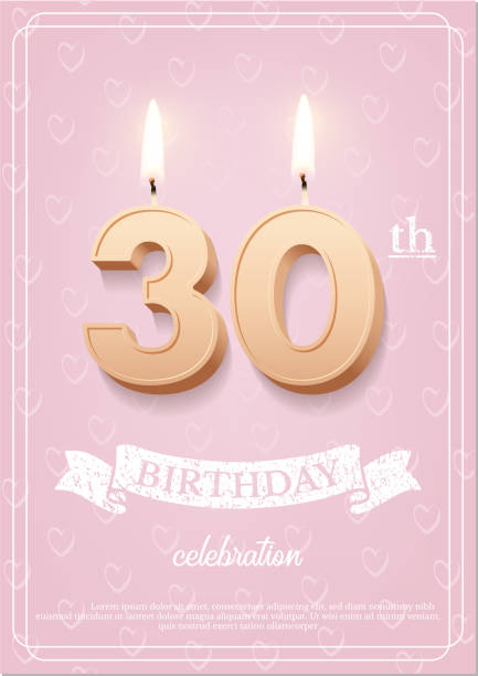 burning number 30 birthday candle with vintage ribbon and birthday celebration text on textured pink background in postcard format. vector vertical thirty birthday invitation template. - 30 sayısı illüstrasyonlar stock illustrations