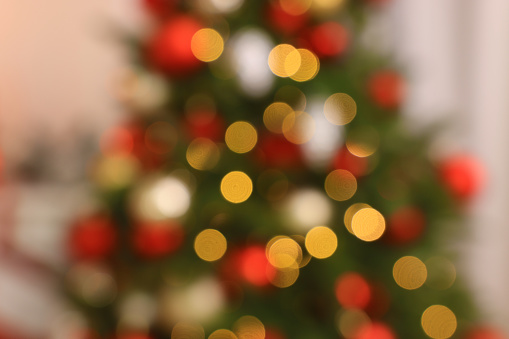 Blurred view of beautiful Christmas tree, closeup