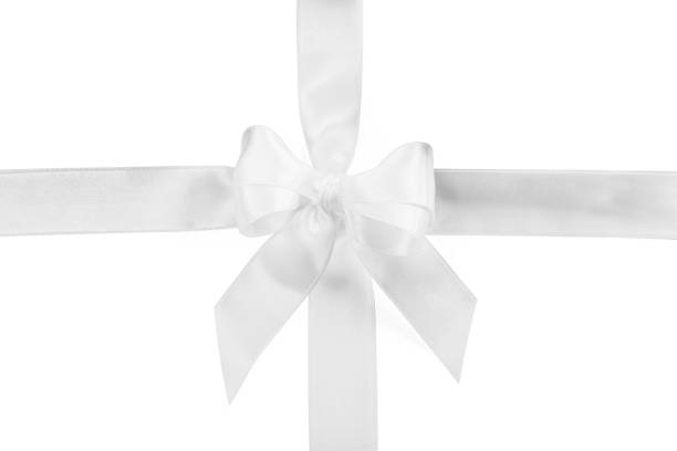 istock Satin ribbons with bow on white background, top view 1421313869