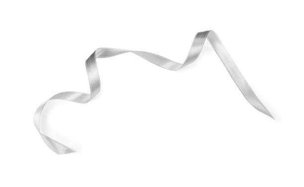 istock Silver satin ribbon on white background, top view 1421314031