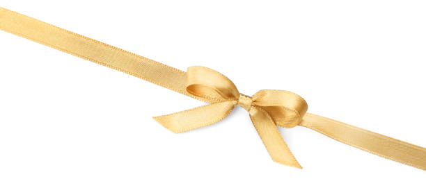 istock Golden satin ribbon with bow on white background, top view 1421314164