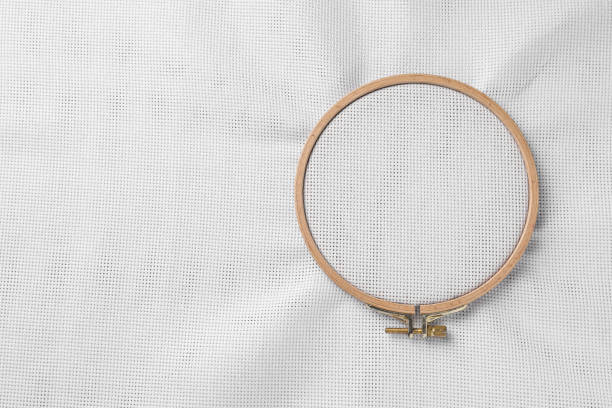 istock Embroidery hoop with white fabric stretched as background, top view. Space for text 1421314909