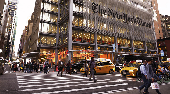 New York, USA - September 27, 2019: The New York Times Headquarters in Midtown Manhattan. Located on 8th Ave it was completed in 2007 by the famous italian architect Renzo Piano.