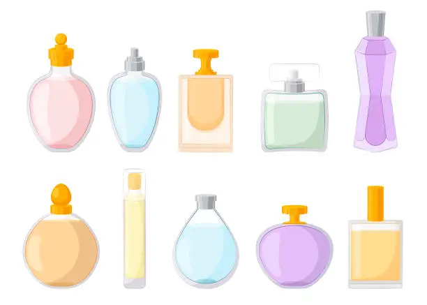 Vector illustration of Perfume bottles of different shapes cartoon illustration set