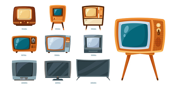 Timeline of TV flat vector illustrations set. Communication system progress, evolution of television, old or retro and modern receivers on white background. Television, history, technology concept