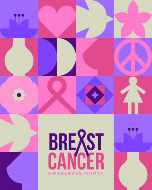 Breast Cancer month pink woman icon card Breast Cancer Awareness month greeting card illustration of modern pink geometric icon shape mosaic for october support campaign. Includes ribbon, flower and peace dove bird symbol. beast cancer awareness month stock illustrations