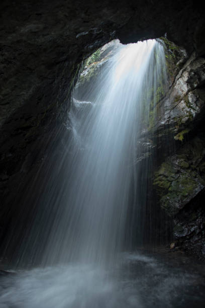 istock Incredible waterfall flowing through an underwater cave in the forest 1421319419