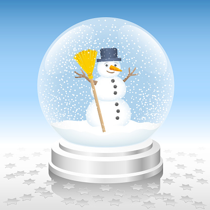 Snow globe with snowman enjoying the snowstorm. Silver base, silver stars deco. Vector illustration.
