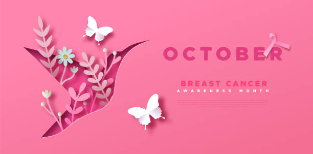 Breast Cancer month paper cut bird web template Breast Cancer Awareness Month web template illustration. Pink bird animal in 3D papercut style with spring flowers and butterfly decoration. Disease prevention campaign or women health care concept. beast cancer awareness month stock illustrations