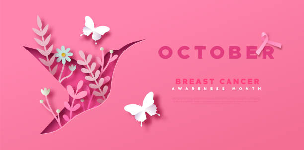 Breast Cancer month paper cut bird web template Breast Cancer Awareness Month web template illustration. Pink bird animal in 3D papercut style with spring flowers and butterfly decoration. Disease prevention campaign or women health care concept. month stock illustrations