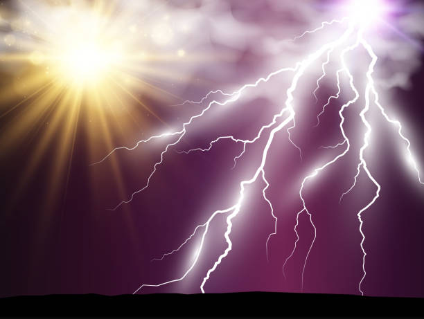 Climate drawing of the sun and lightning shining through the clouds. Climate drawing of the sun and lightning shining through the clouds. sun coming out after storm stock illustrations