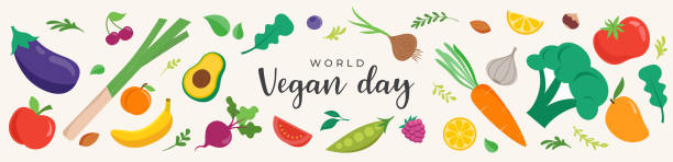World Vegan Day, Concept Design with vegetables, fruits, leaves and nuts. For Social Media promotions, sticker, banner, greeting cards World Vegan Day, Concept Design with vegetables, fruits, leaves and nuts. For Social Media promotions, sticker, banner, greeting cards. Vector illustration broccoli crowns stock illustrations