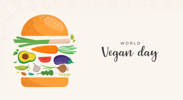 World Vegan Day, Concept Design with vegetable hamburger. For Social Media promotions, sticker, banner, greeting cards World Vegan Day, Concept Design with vegetables, fruits, leaves and nuts. For Social Media promotions, sticker, banner, greeting cards broccoli crowns stock illustrations