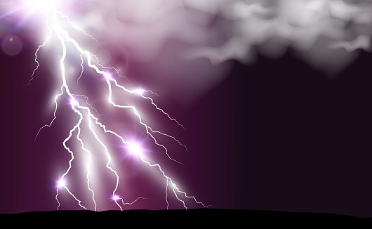 Image of realistic lightning. Flash of thunder on a transparent background.