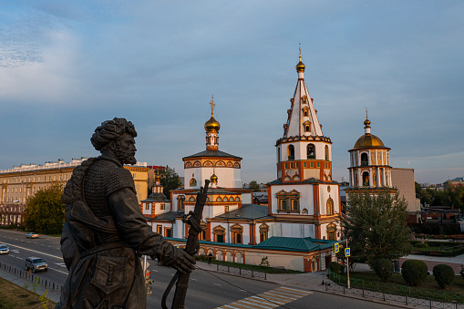 Aerial view of Veliky Novgorod kremlin at dusk, Russia