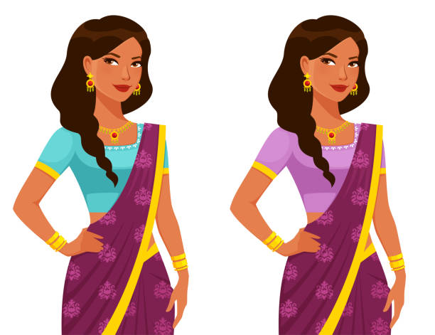 Beautiful Young Indian Woman With Braided Hair Wearing Colorful Traditional  Saree Stock Illustration - Download Image Now - iStock