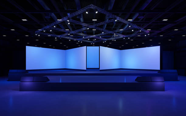 istock Empty stage Design for mockup and Corporate identity,Display.Platform elements in hall.Blank screen system for Graphic Resources.Scene event led night light staging.3d Background for onlineEvent,conference,live.3 render. 1421328179