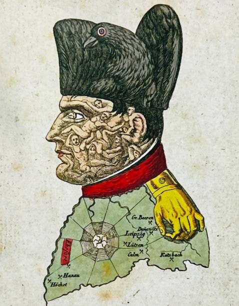 German Napoleon caricature after the Battle of the Nations near Leipzig 1813 After a changeable course of the war, Napoleon was defeated in October 1813 in the Battle of the Nations near Leipzig. He had to retreat across the Rhine, and the Confederation of the Rhine dissolved after this defeat. With the withdrawal of Napoleon, French rule over large parts of Germany (French era) ended. Illustration from 19th century. dead bird stock illustrations