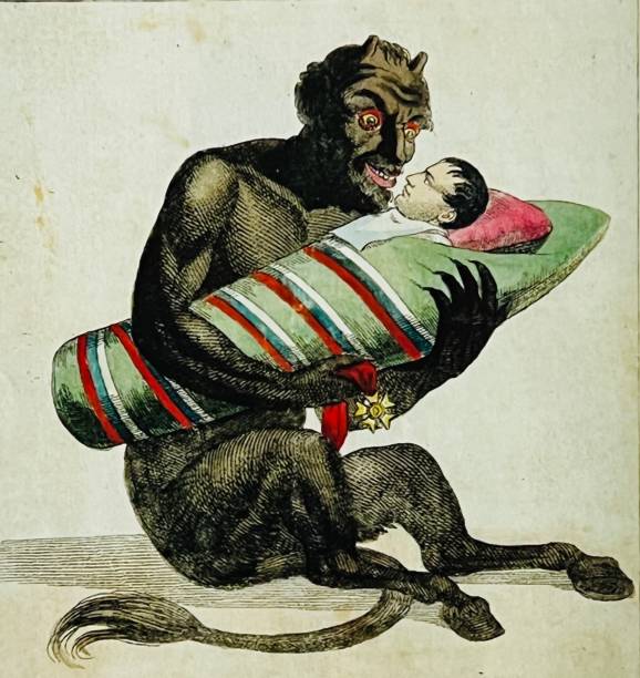 diabeł trzymający napoleona jako dziecko - napoleon stock illustrations
