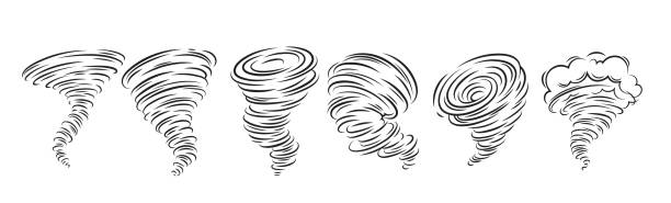 Tornado line icons set, spiral whirlwind and hurricane with speed whirls and funnels Tornado line icons set vector illustration. Spiral whirlwind and hurricane with speed whirls and funnels, danger wind symbols of storm weather and extreme tornado disaster in nature, speed cyclone tornado stock illustrations