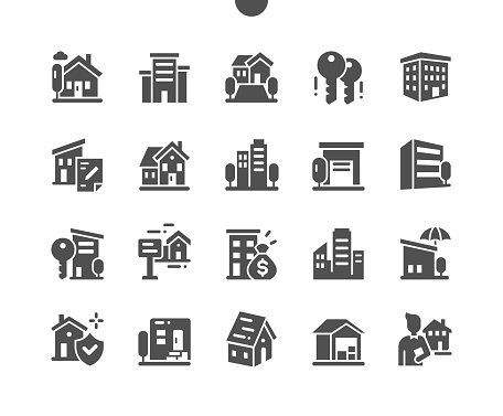 Property. Building, house, agreement and warehouse. Property protection. House for sale. Vector Solid Icons. Simple Pictogram