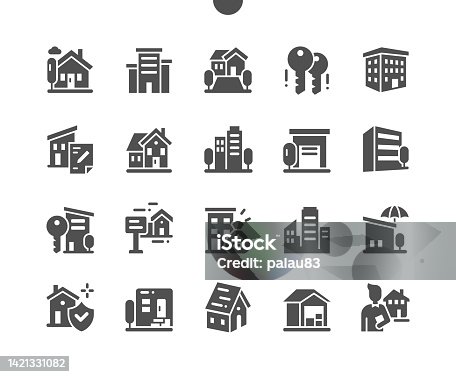 istock Property. Building, house, agreement and warehouse. Property protection. House for sale. Vector Solid Icons. Simple Pictogram 1421331082