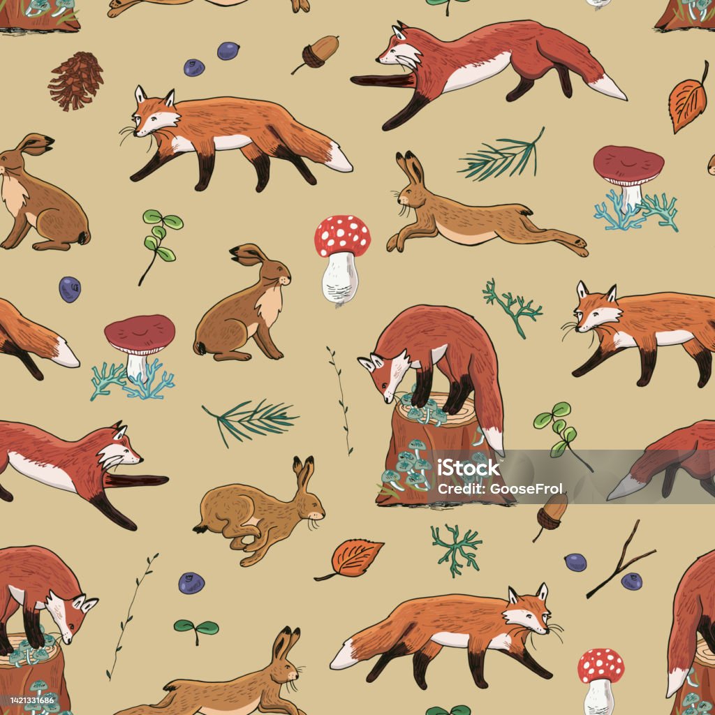 Wf Patterns Forest Fox Animals Vector Seamless Pattern Stock Illustration ...