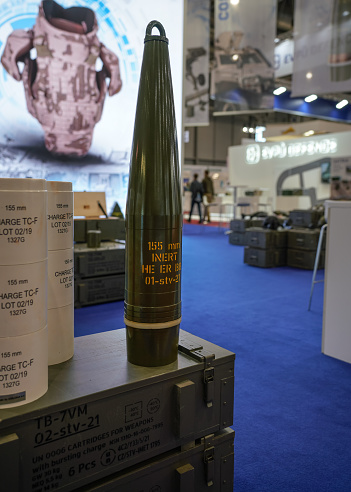 Brno, Czechia - October 08, 2021: Large 155mm high explosive extended range artillery ammunition on display at defence fair