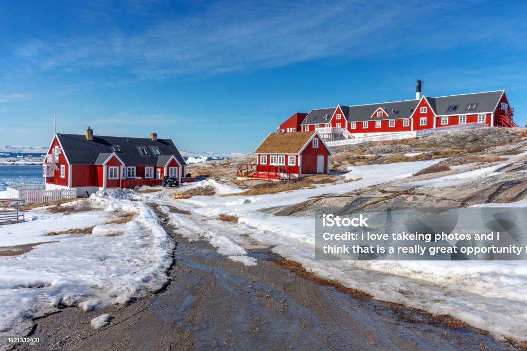 beautiful red houses cityscape in Ilulissat Greenland beautiful red houses cityscape in Ilulissat Greenland . Greenland Stock Photo