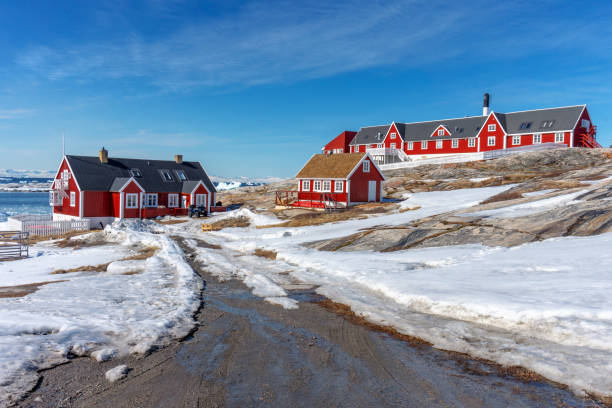 beautiful red houses cityscape in Ilulissat Greenland beautiful red houses cityscape in Ilulissat Greenland . ilulissat icefjord stock pictures, royalty-free photos & images