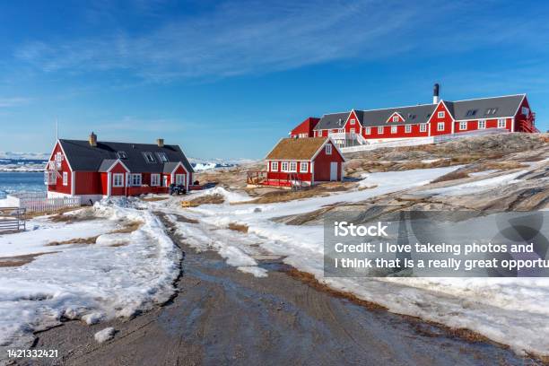 Beautiful Red Houses Cityscape In Ilulissat Greenland Stock Photo - Download Image Now