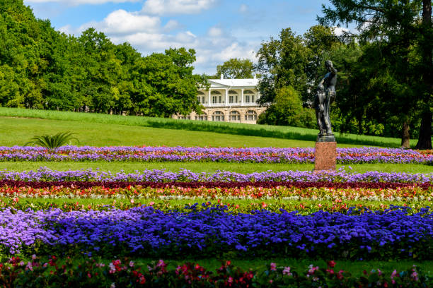 flores de verano en el parque catherine en tsarskoe selo (pushkin), san petersburgo, rusia - statue architecture sculpture formal garden fotografías e imágenes de stock