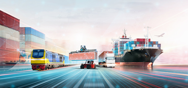 Global Business Network Distribution and Technology Digital Future of Cargo Containers Logistics Transport Import Export Concept, Double Exposure of Freight Shipping, Modern Futuristic Transportation
