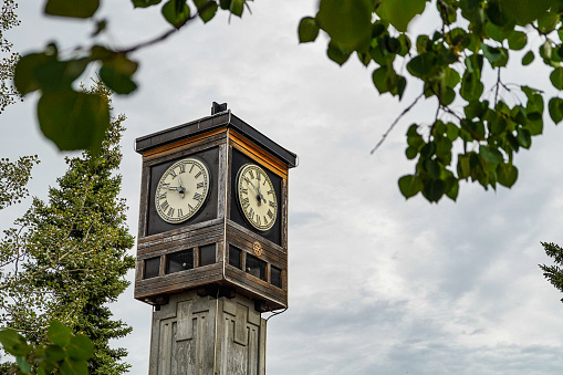 Clock Tower in Golden Heart Plaza, Fairbanks, Alaska, USA. Close-up.