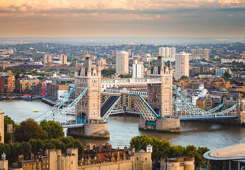 London's Tower Bridge seen from above at golden hour.