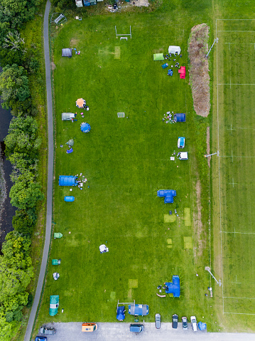 Top down aerial view of a popup campsite in Wales, UK