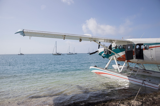 Florida; March 30, 2020; Seaplane on the beach at Fort Jefferson at the Dry Tortugas National Park