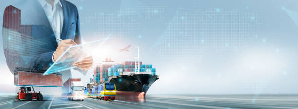 istock Global Business Network Distribution and Technology Digital Future of Cargo Containers Logistics Transport Import Export Concept, Double Exposure of Business man using Tablet Data Freight Shipping 1421338732