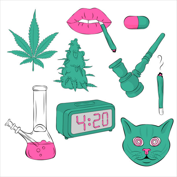 Vector cannabis elements collection Collection elements with cannabis leaf, cat, bong, pipe hashish stock illustrations