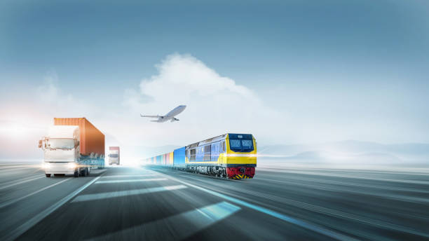 Cargo container transport logistic distribution import export concept of freight train, plane and truck on highway road at blue sky, copy space, global business and modern transportation background stock photo