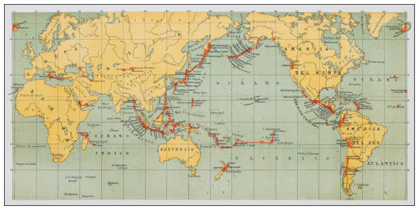 Antique illustration, geology and fossils: World map of active volcanos
