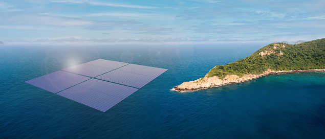 Solar photovoltaic station in the dam Floating solar panel raft  aerial view solar cells on water 3d render