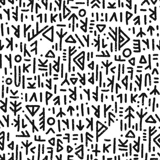 istock Runic seamless pattern, black white runes - Scandinavian gothic folk art. Ethnic Norwegian Icelandic background. Runic talismans of the Vikings. Magic and magical runes. Pagan signs. Futhark. 1421351068