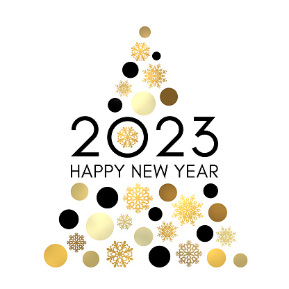 Happy New Year 2023 greeting card design. Abstract Christmas tree with gold and black circles snowflakes isolated on white background. Shining New Year postcard invitation. Golden vector illustration.